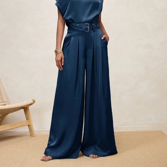 Pants - Blue Casual Women's High-Waisted Satin Pleated Wide Leg Elegant Long Pants